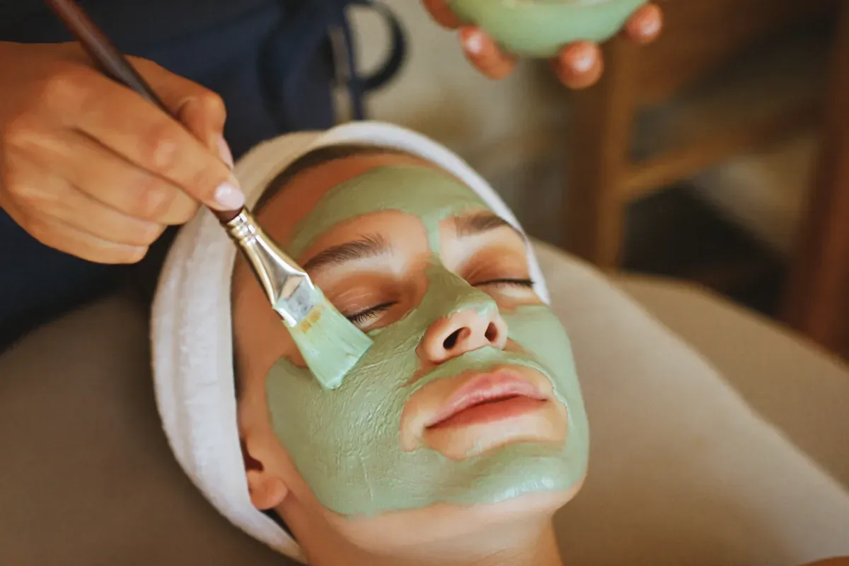 A green clay mask being brushed onto a client's face